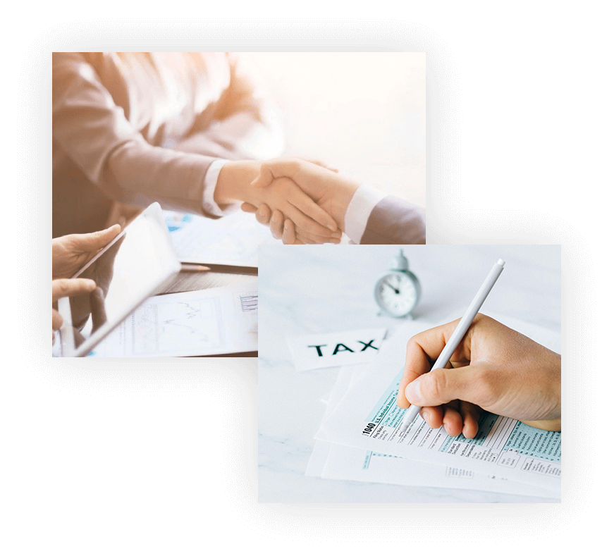 Two pictures of a person shaking hands and writing on paper.